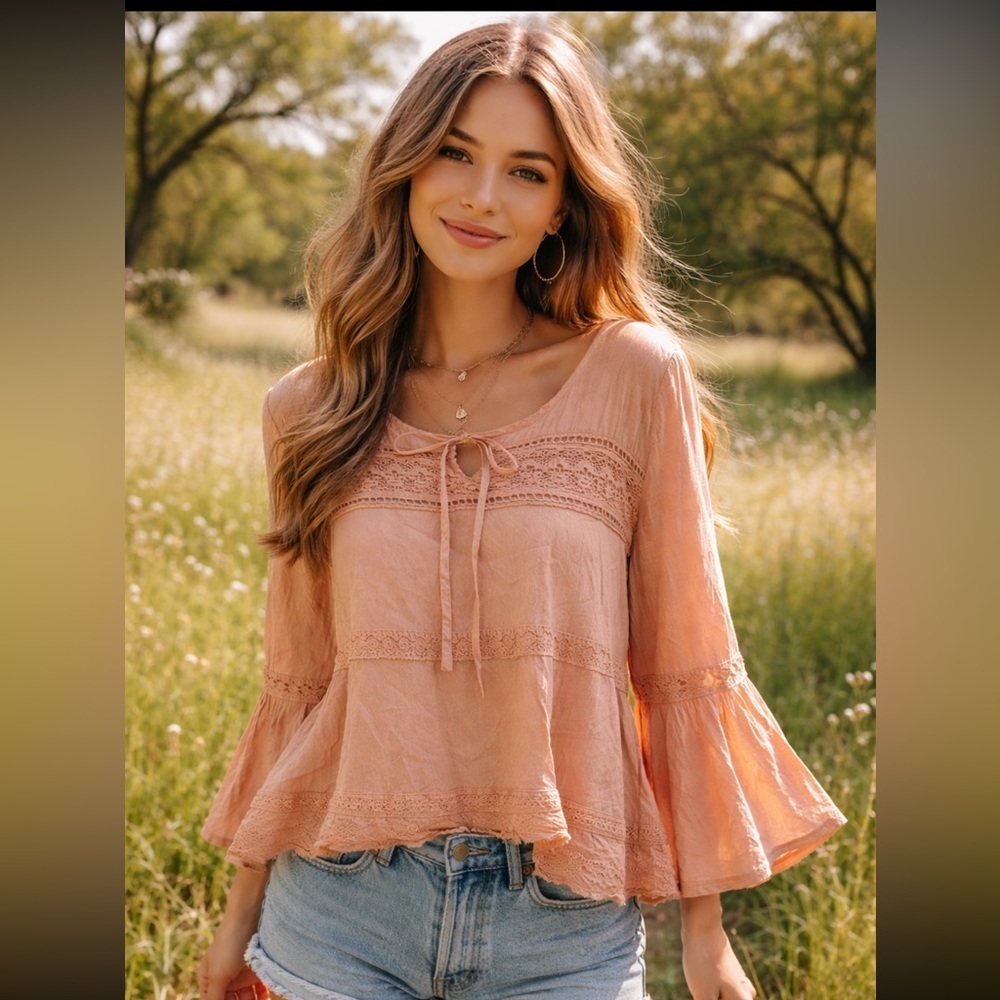 Women's Boho Lace Detail Top - Dusty Pink